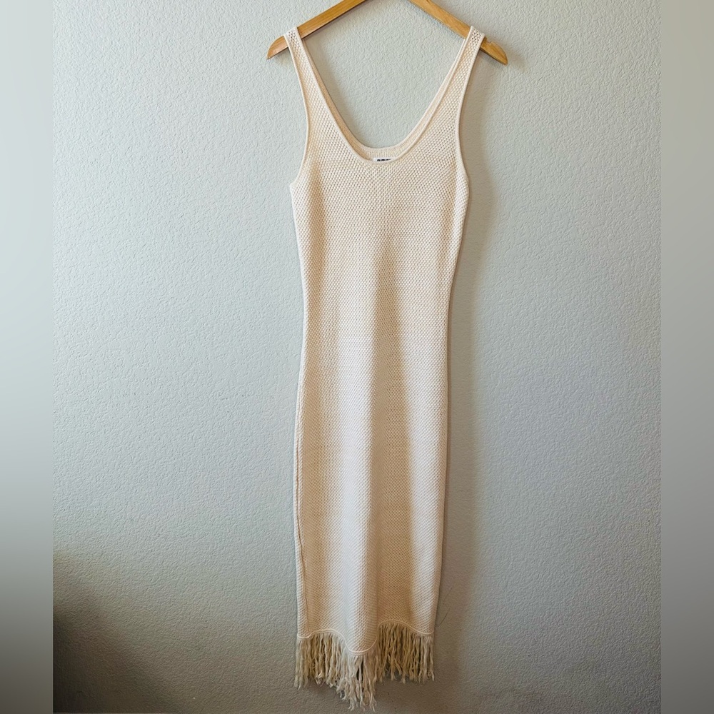 Elegant Cream Midi Dress with Fringe